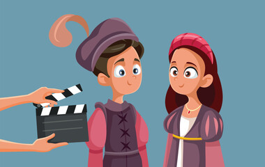 Crew Filming Romeo and Juliet with Young Actors Vector Cartoon. School play adaptation of classical Shakespearian work 
