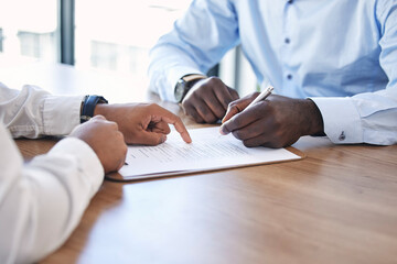 Hand, signature and contract with a business man in a meeting with human resources for performance review. Documents, hiring and recruitment with a male employee signing paperwork in an office - obrazy, fototapety, plakaty