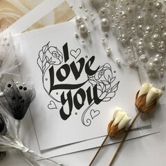 I Love You in Calligraphy w/3D objects representing Love