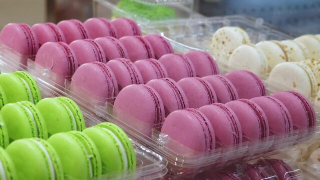 Macaroons on the shelf at the store.