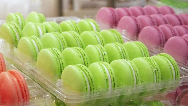 Macaroons on the shelf at the store.