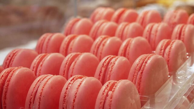 Macaroons on the shelf at the store.