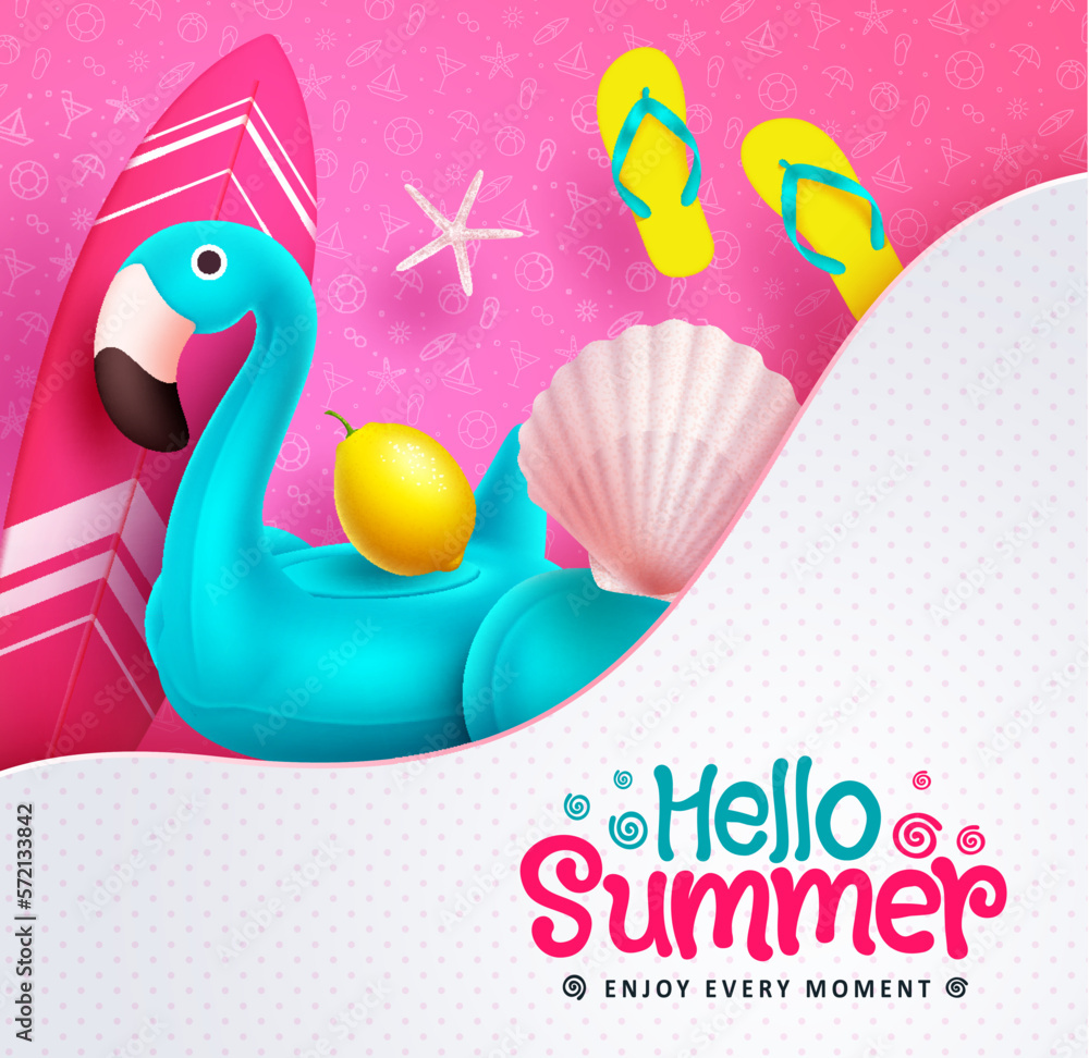 Poster hello summer vector design. hello summer text in abstract shape with blue flamingo and surfboard in 
