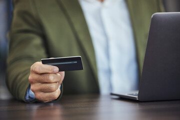 Online shopping, credit card and hands of businessman with laptop for ecommerce, payment and fintech. Digital finance, stock market and male with computer for business budget, investment and banking