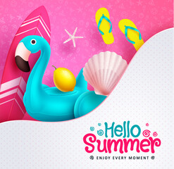 Hello summer vector design. Hello summer text in abstract shape with blue flamingo and surfboard in background. Vector illustration summer greeting.
