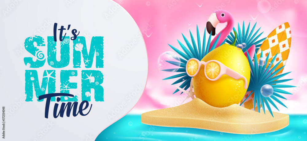 Poster summer time vector design. it's summer time text in empty space with lemon and flamingo element in i