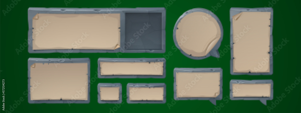 Aufkleber game dialogue boxes, speech bubbles and frames for text. banners with blank old paper and stone bord