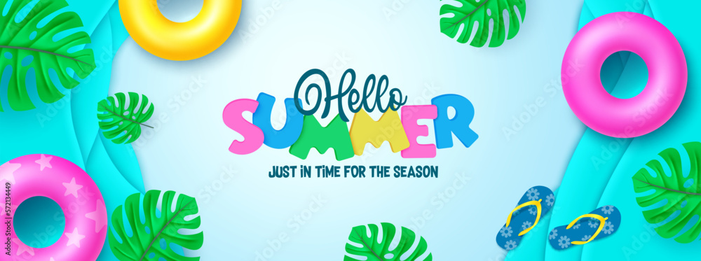 Poster hello summer vector design. hello summer text in abstract background with flipflop and poster elemen