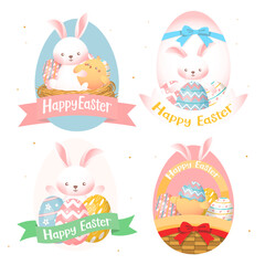 A set of Easter egg borders with hares, chicks, eggs, nests and baskets