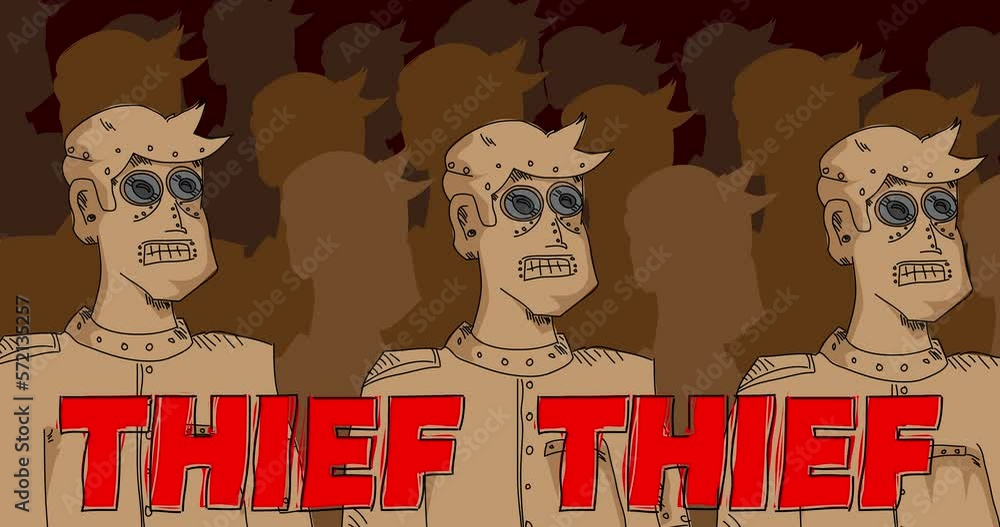 Poster robot army with thief text. line art animated video. future robotics cartoon animation.