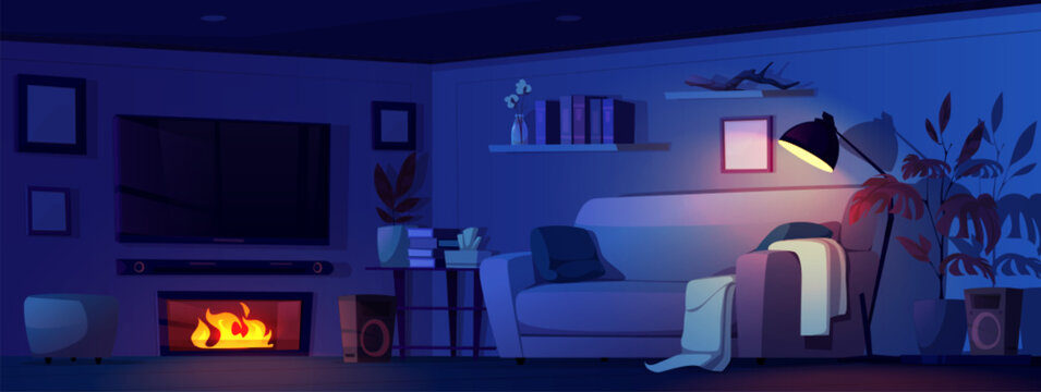 House room night interior with furniture. Modern dark living room with sova, tv, table with books, fireplace with fire, floor lamp, shelves and plants, vector cartoon illustration