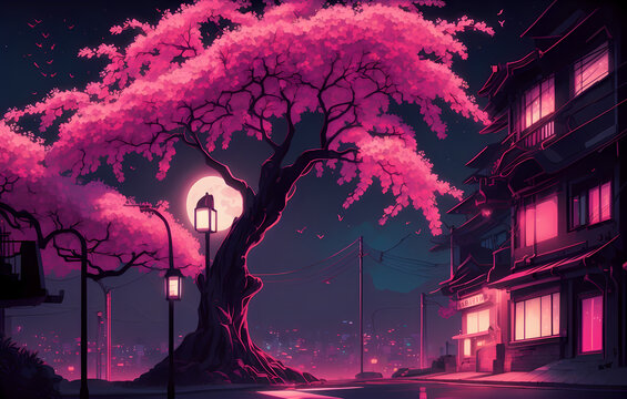 Fantasy Japanese night view city cityscape, neon pink light, residential buildings, big sakura tree. Night urban anime fantasy downtown background created by Generative AI technology 