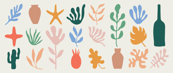 Fototapeta na wymiar Set of abstract organic shapes inspired by matisse. Plants, cactus, leaf, algae, vase in paper cut collage style. Contemporary aesthetic vector element for logo, decoration, print, cover, wallpaper.