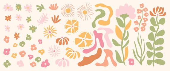 Fototapeta na wymiar Set of abstract organic shapes inspired by matisse. Contemporary aesthetic vector element in groovy doodle botanical flower art shape. Retro hippie style for logo, decoration, print, cover, wallpaper.