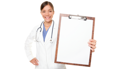 Medical sign - doctor showing clipboard with copy space for text or design. Woman doctor / nurse smiling happy isolated cutout PNG on transparent background. Caucasian / Chinese Asian female model.