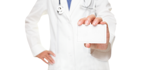 Medical doctor showing business card sign, blank with copy space for text or design. Woman medical professional isolated cutout PNG on transparent background.