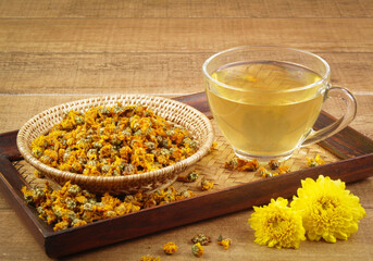 Chrysanthemum tea and Chrysanthemum flower. Healthy beverage for drink. Herbs and medical concept.