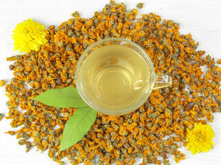 Chrysanthemum tea and Chrysanthemum flower. Healthy beverage for drink. Herbs and medical concept.