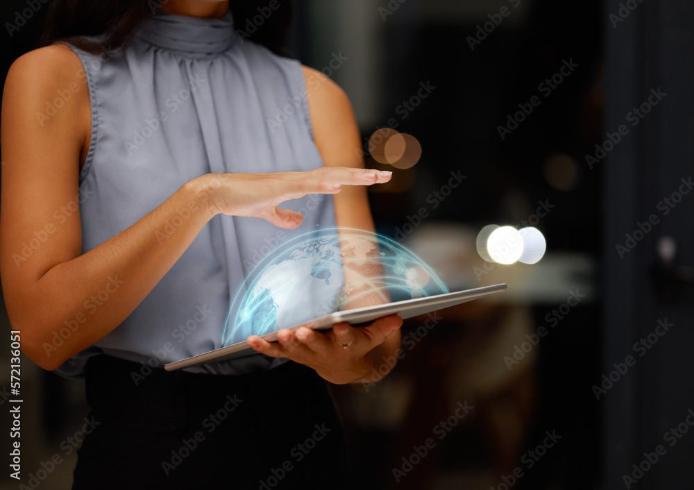 Poster world tablet overlay, woman hand and global hologram for international cyber research at night. mock