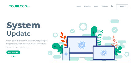 Software update complete on the screen of desktop computer, laptop, smartphone. Flat vector illustration for landing page, UI, mobile app