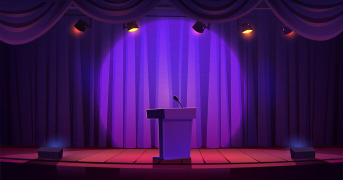 Rostrum with microphone for public speech on stage with curtains. Vector cartoon illustration of tribune illuminated by spotlights. Place for presentation, lecture, debate or graduation ceremony