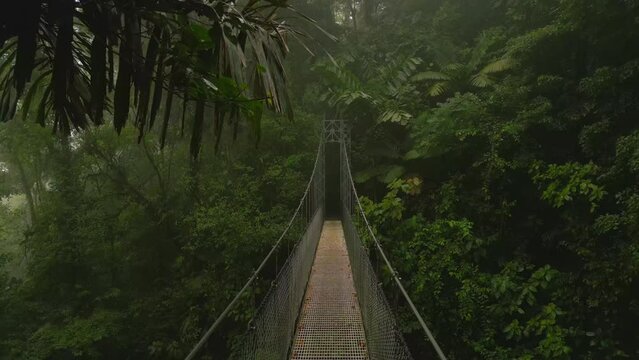Backwards moving on footbridge on tourist trail over gorge in tropical forest. La Fortuna, Costa Rica