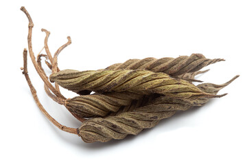 Closeup of Dry Marod Phali (Helicteres Isora) fruits, isolated on white background.