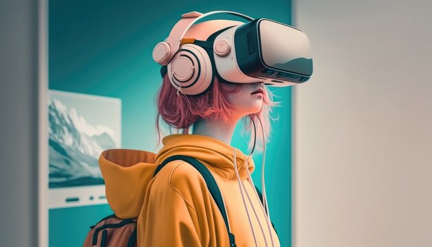 Teenage girl with VR headset exploring the metaverse. Generative AI