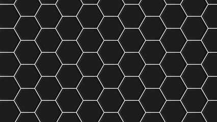 Black geometric hexagonal abstract background. Luxury hexagonal black metal background. Dark light lines. Surface polygon pattern with glowing hexagons, honeycomb. Futuristic modern background.