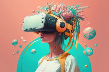 Teenage girl with VR headset exploring the metaverse. Generative AI