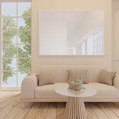 Mock up a large picture frame on the wall in a cozy living room with sofa.3d rendering
