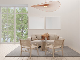 Simulate a cozy living room frame. minimal beige tone with white sofa and chairs. 3d rendering