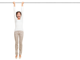 woman hanging with hands on a pole or bar. Funny image of shocked looking female model isolated cutout PNG on transparent background.