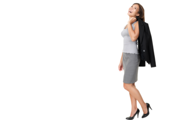 business woman laughing standing isolated cutout PNG on transparent background in full length. Beautiful joyful happy mixed race Chinese Asian / white Caucasian female model.