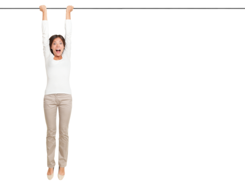 woman hanging with hands on a pole or bar. Funny image of shocked looking female model isolated cutout PNG on transparent background.
