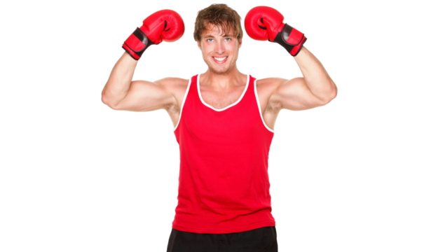 Fitness boxing man showing strength flexing muscles. Handsome strong fit boxer smiling happy wearing red boxing gloves isolated cutout PNG on transparent background. - Powered by Adobe