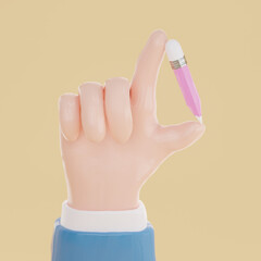 Hand with pen on yellow background, 3d render. Business concept.