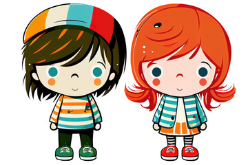 Cute boy and cute girl cartoon style on transparent background.generative ai