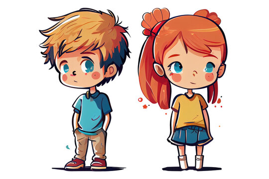 Cute boy and cute girl cartoon style on transparent background.generative ai