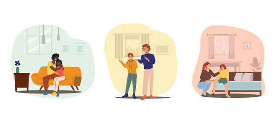 Set Parenting, Parents Support and Loving Relation. Mother or Father comforting Children, Speak and Share Problems. Mom and Dad trying to spoke with Kids. Cartoon People Vector Illustration.