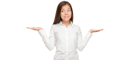 Asian woman with both empty palms extended sideways and quizzical expression as she indicates that there is a choice or alternative, with copyspace isolated cutout PNG on transparent background.