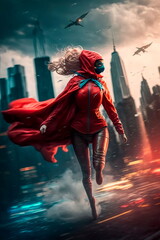 A women superhero in a mask flies against the backdrop of the city to help people in a red raincoat Generative AI