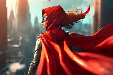 A women superhero in a mask flies against the backdrop of the city to help people in a red raincoat Generative AI