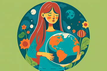 Happy Mother Earth Day, girl holding the planet Generative AI