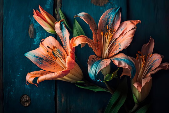 Beautiful lilies on wooden background Generative AI
