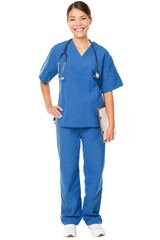 Young doctor. Studio shot over white of a young Asian female doctor, wearing blue scrubs and with a...