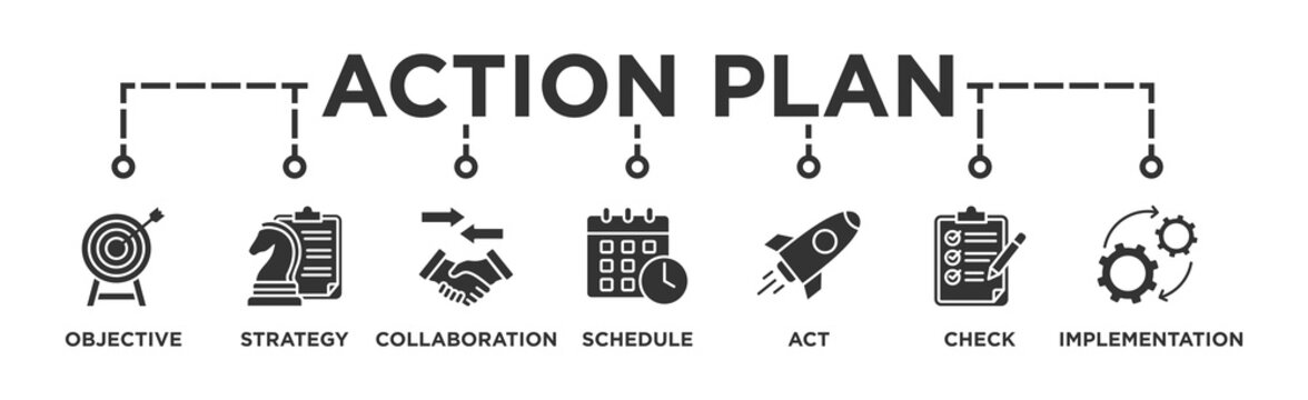 Action plan banner web icon vector illustration concept with icon of objective, strategy, collaboration, schedule, act, launch, check, and implementation
