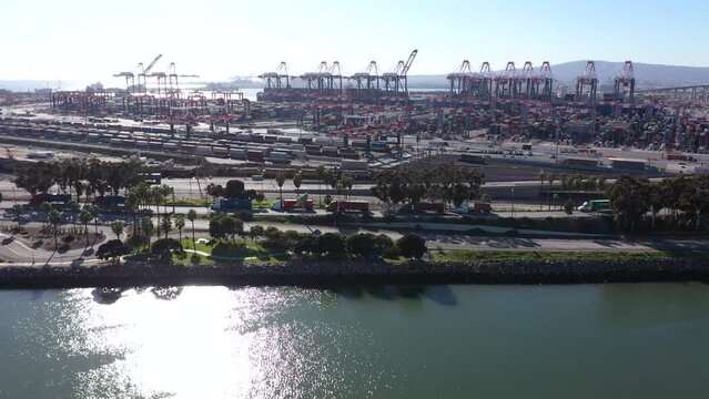 Daytime aerial view of the intermodal port operations in Long Beach, California, USA.