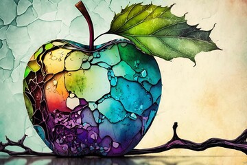 Storybook Alcohol Ink Style Illustration of a Poison Apple. Colorful Corrupted Magic Apple. [Storybook, Fantasy, Historic, Cartoon Scene. Graphic Novel, Anime, Comic, or Manga Illustration.]
 - obrazy, fototapety, plakaty