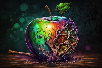 Storybook Alcohol Ink Style Illustration of a Poison Apple. Colorful Corrupted Magic Apple. [Storybook, Fantasy, Historic, Cartoon Scene. Graphic Novel, Anime, Comic, or Manga Illustration.]